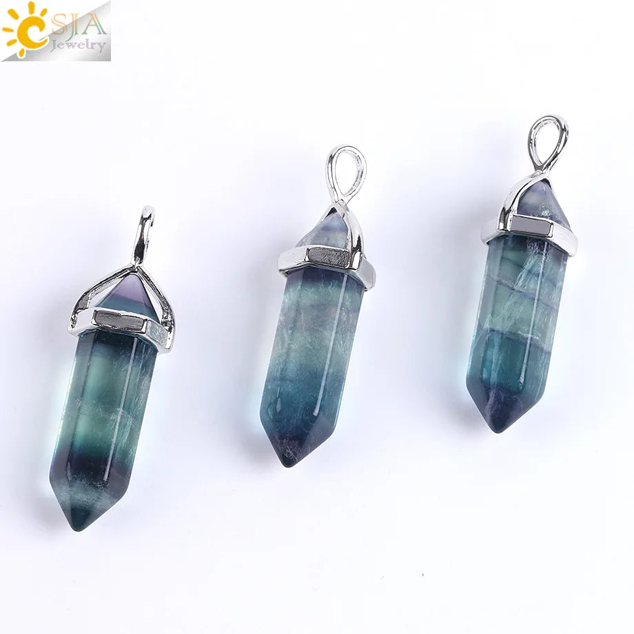 CSJA Fluorite Crystals Necklaces Pendants Suspension Quartz Natural Gem Stone Necklace for Women Hexagonal Reiki Healing G954