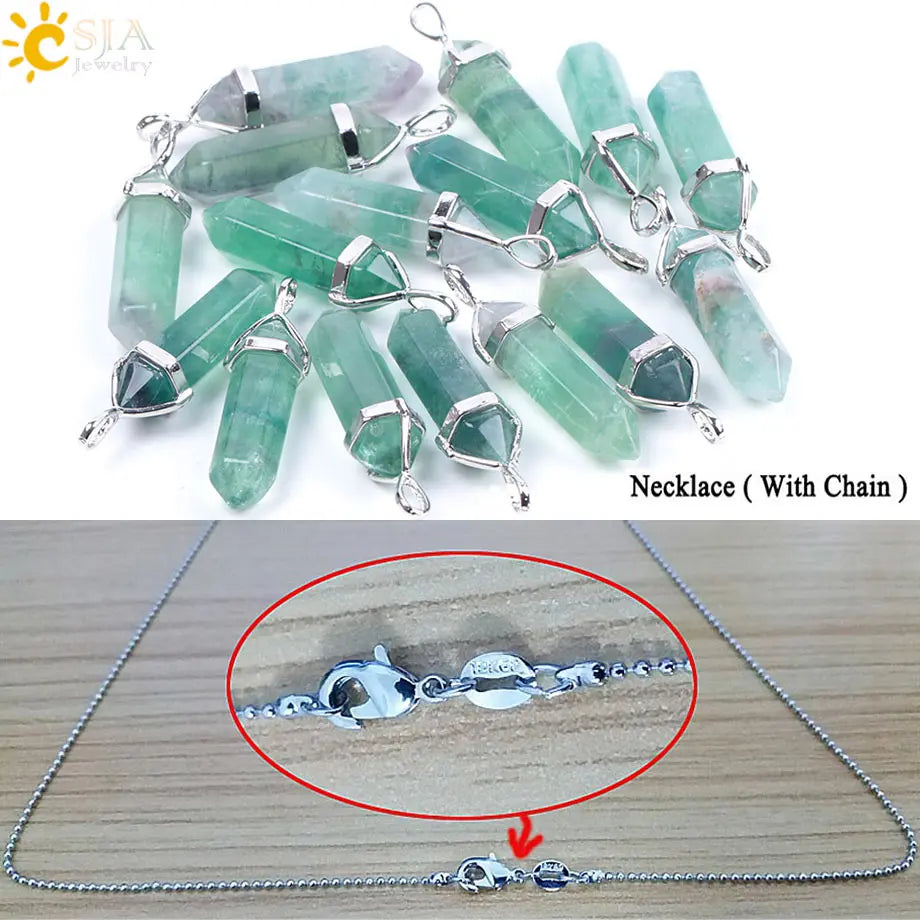 CSJA Fluorite Crystals Necklaces Pendants Suspension Quartz Natural Gem Stone Necklace for Women Hexagonal Reiki Healing G954
