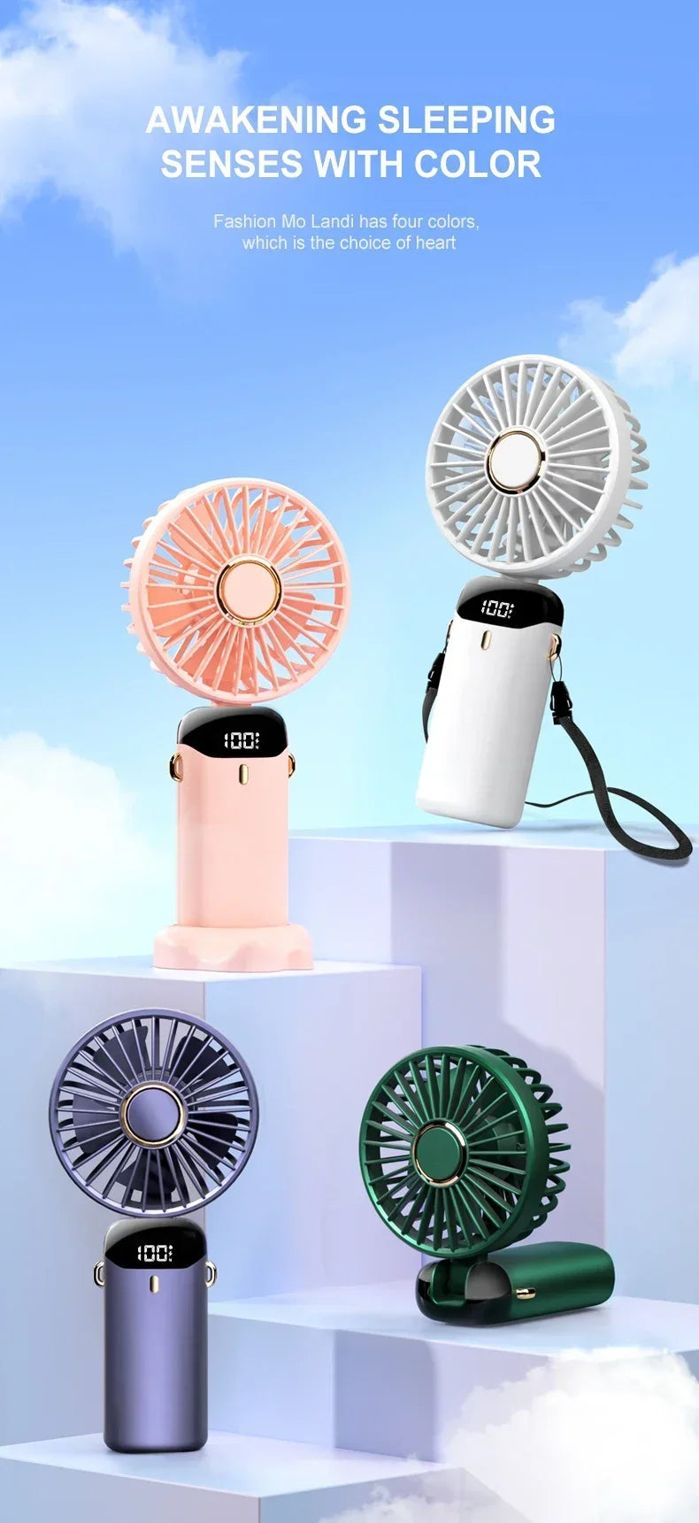 Mini Handheld Fan Foldable Neck Hanging Fan 5 Speed USB Rechargeable Portable Cool Fan with LED Digtal Display Low Noise Summer