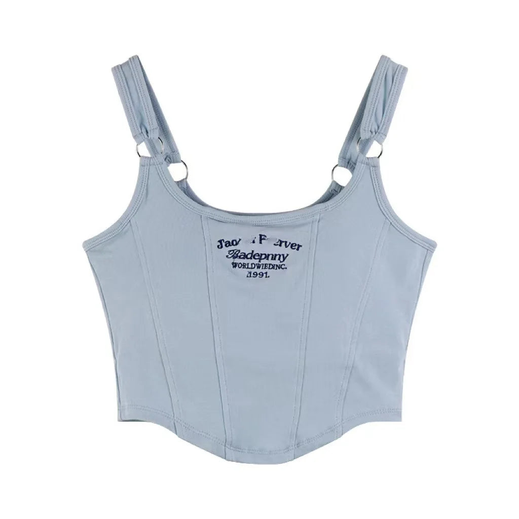 Striped bra pad sexy tank top Y2K solid color short women's T-shirt tank top exposed navel top sleeveless exposed navel top tank