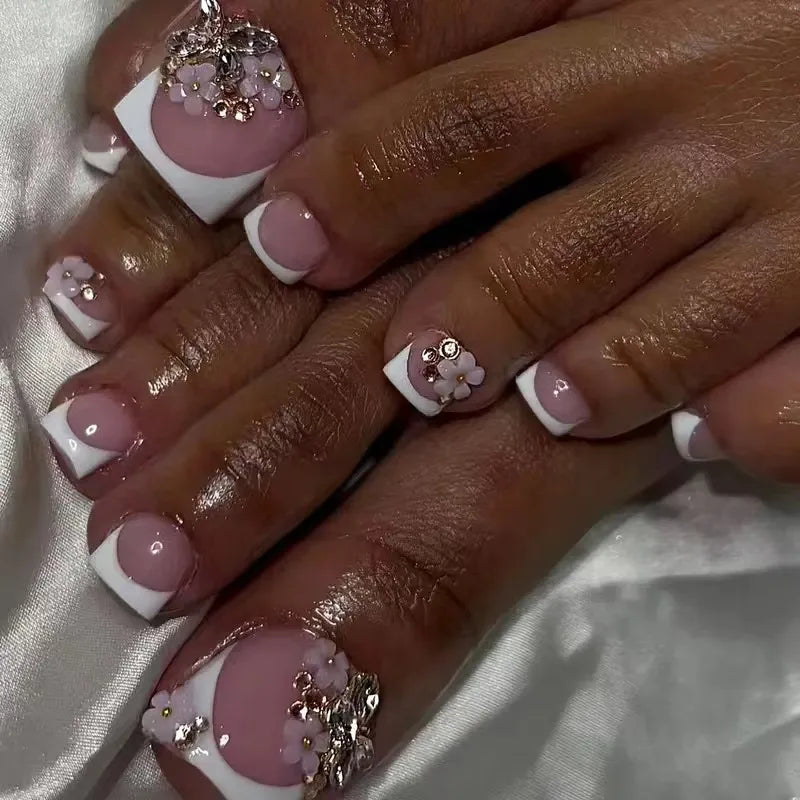 24Pcs Short Square Head French Fake Toenails with 3D Flower Design Press on False Nails Pink Simple Wearable Full Cover Nail Tip