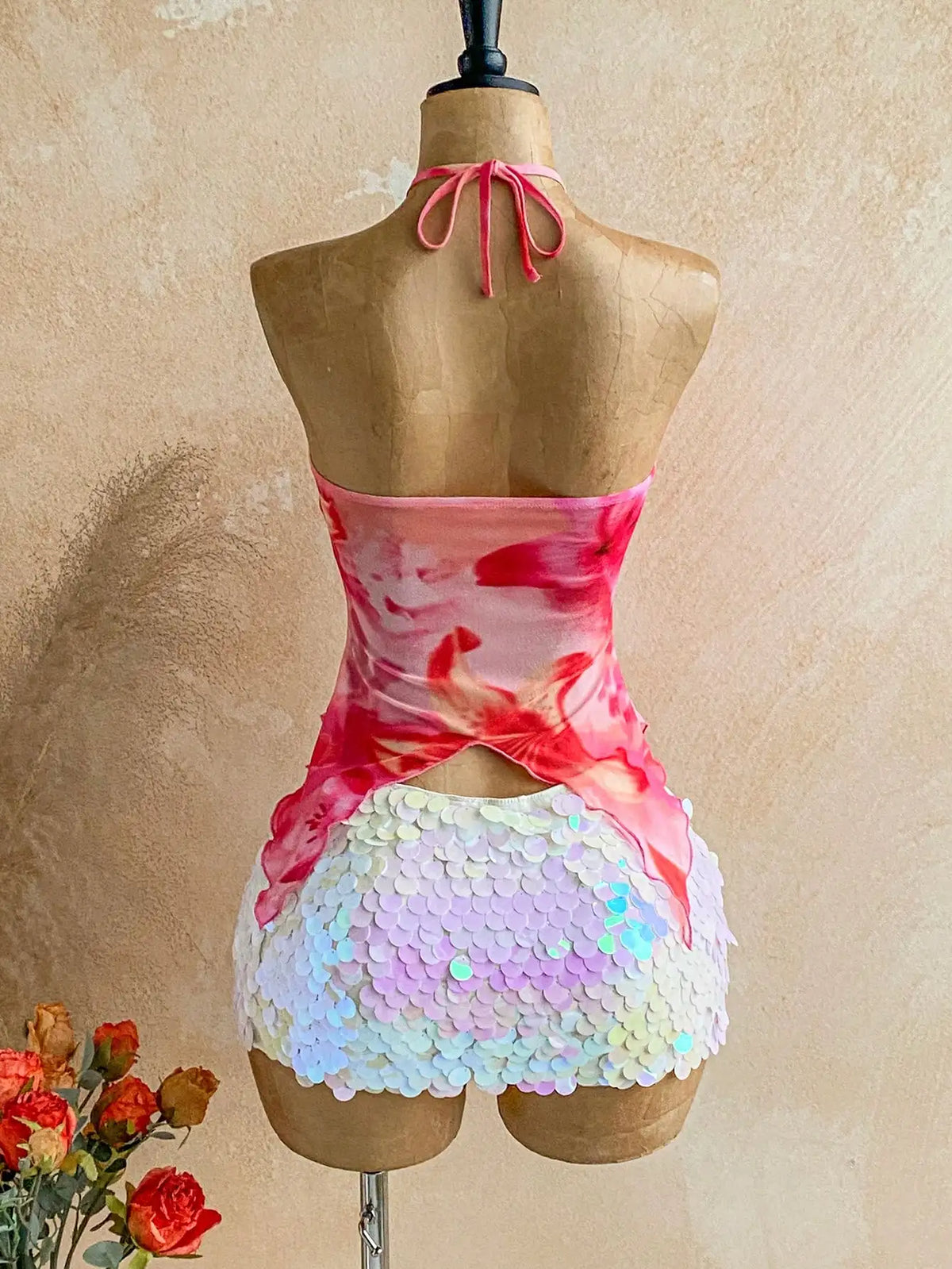 Floral Print Off-Shoulder Tie-Neck Top