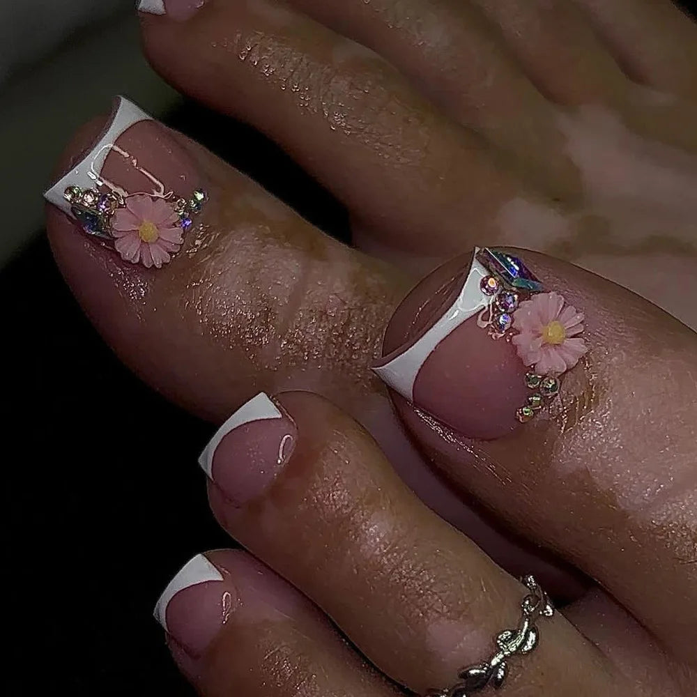 24Pcs Short Square Head French Fake Toenails with 3D Flower Design Press on False Nails Pink Simple Wearable Full Cover Nail Tip
