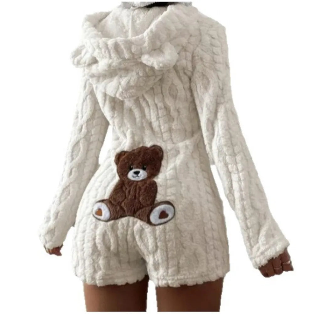 Autumn Winter Plush Hoody Women's Jumpsuit Shorts