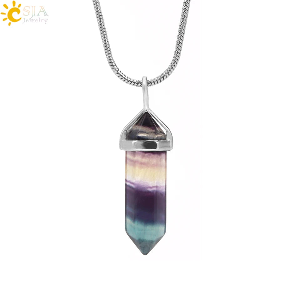 CSJA Fluorite Crystals Necklaces Pendants Suspension Quartz Natural Gem Stone Necklace for Women Hexagonal Reiki Healing G954