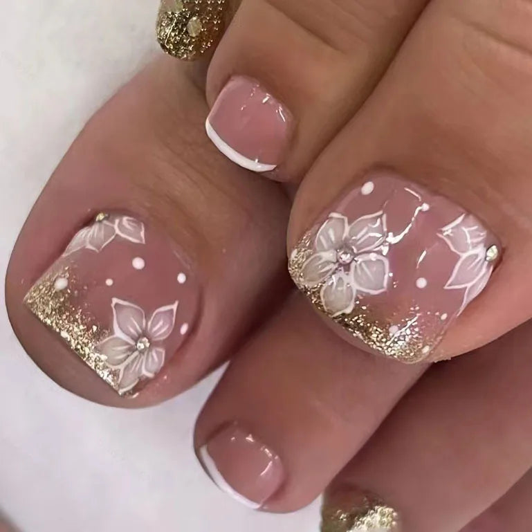 24Pcs Short Square Head French Fake Toenails with 3D Flower Design Press on False Nails Pink Simple Wearable Full Cover Nail Tip