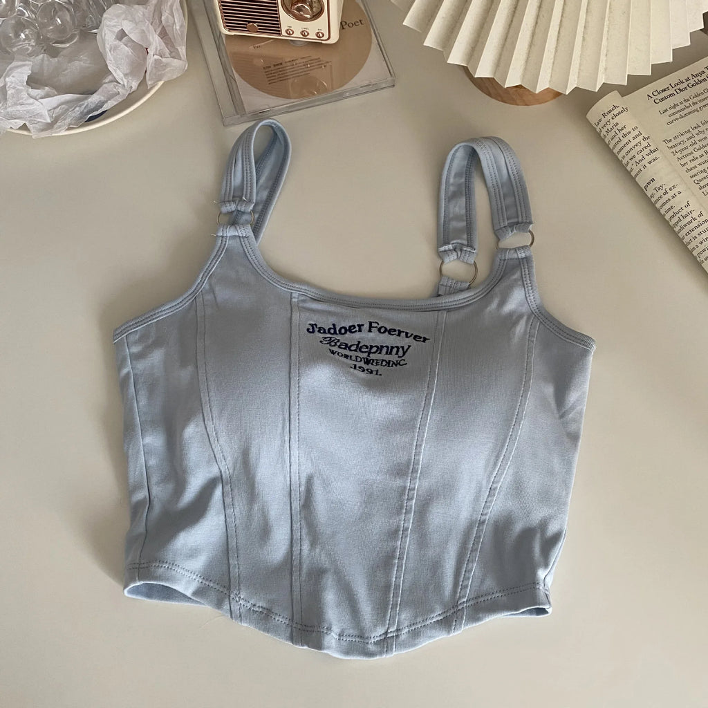 Striped bra pad sexy tank top Y2K solid color short women's T-shirt tank top exposed navel top sleeveless exposed navel top tank