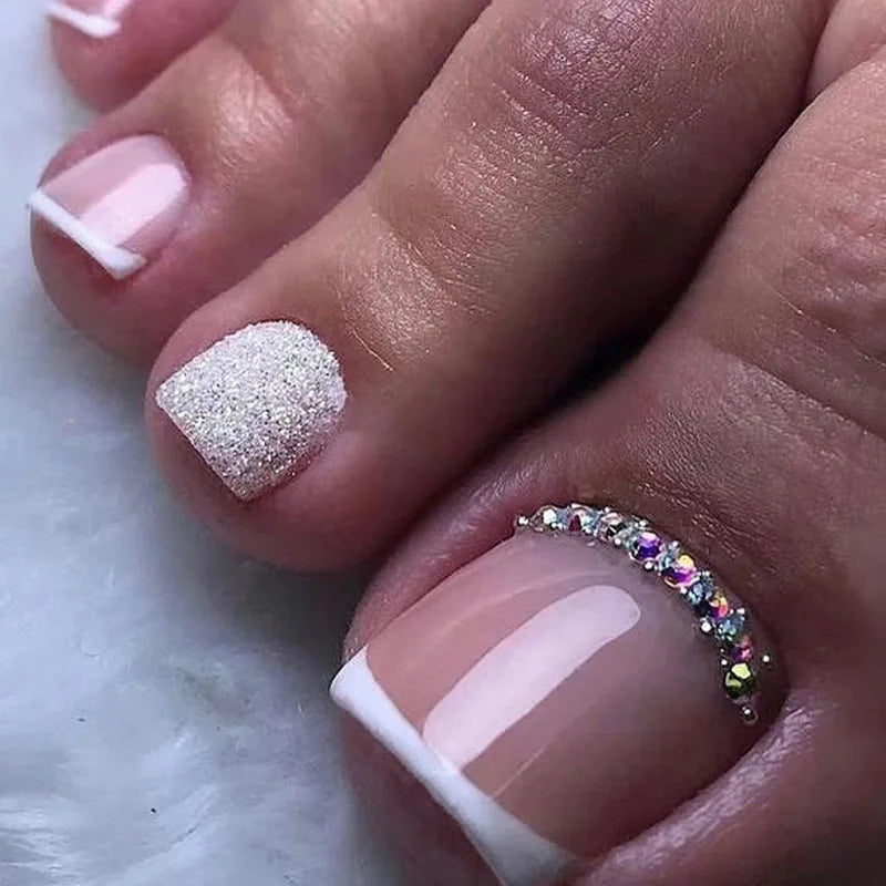 24Pcs Short Square Head French Fake Toenails with 3D Flower Design Press on False Nails Pink Simple Wearable Full Cover Nail Tip