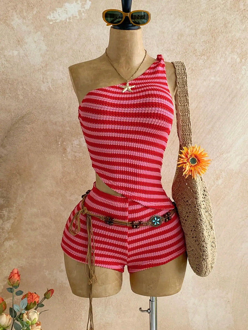 Women's Pink Striped Bohemian Two-Piece Set with One-Shoulder Tank Top & Hot Shorts, Summer Casual Outfit for Island Vacation