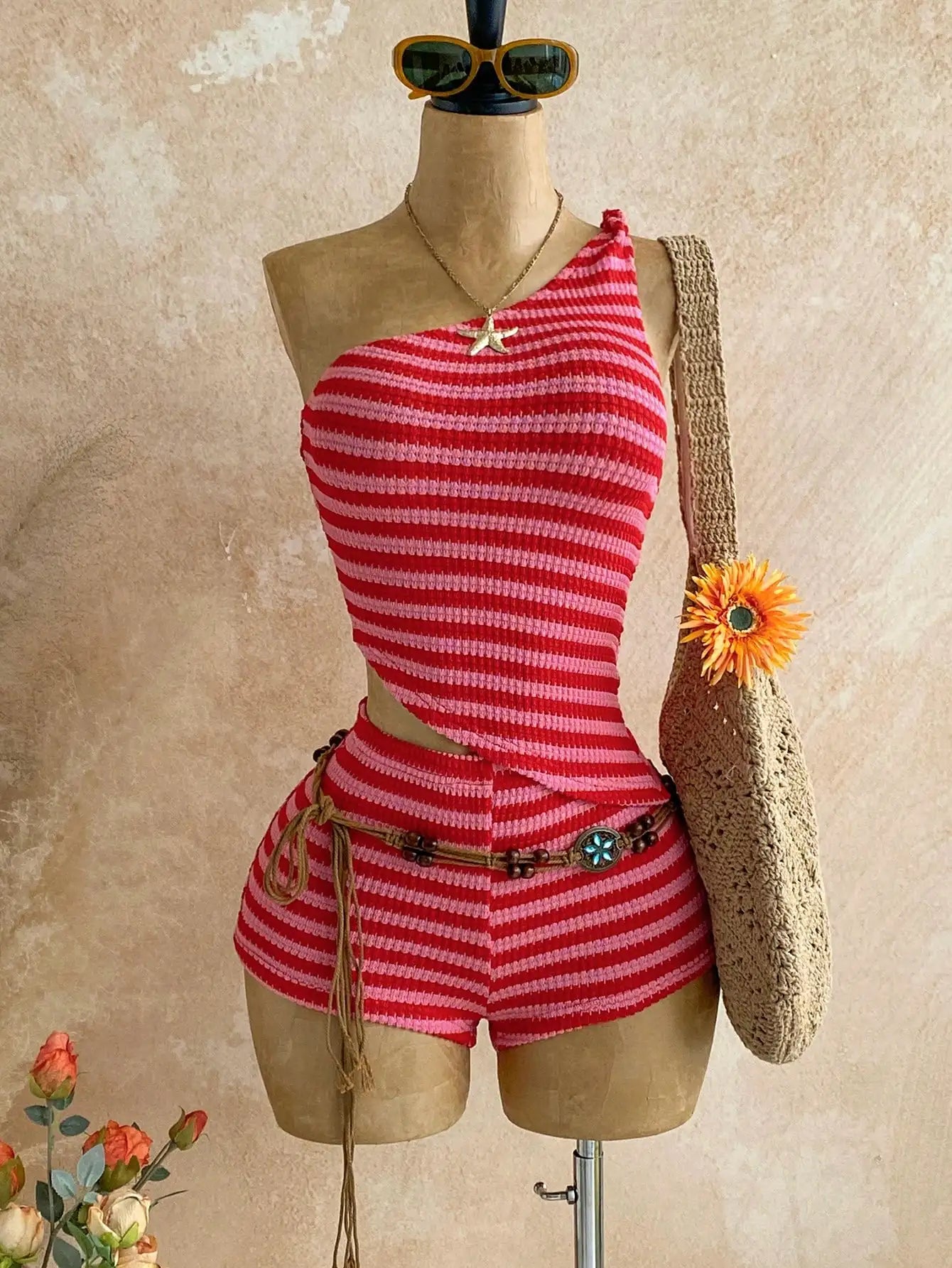 Women's Pink Striped Bohemian Two-Piece Set with One-Shoulder Tank Top & Hot Shorts, Summer Casual Outfit for Island Vacation