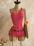 Women's Pink Striped Bohemian Two-Piece Set with One-Shoulder Tank Top & Hot Shorts, Summer Casual Outfit for Island Vacation