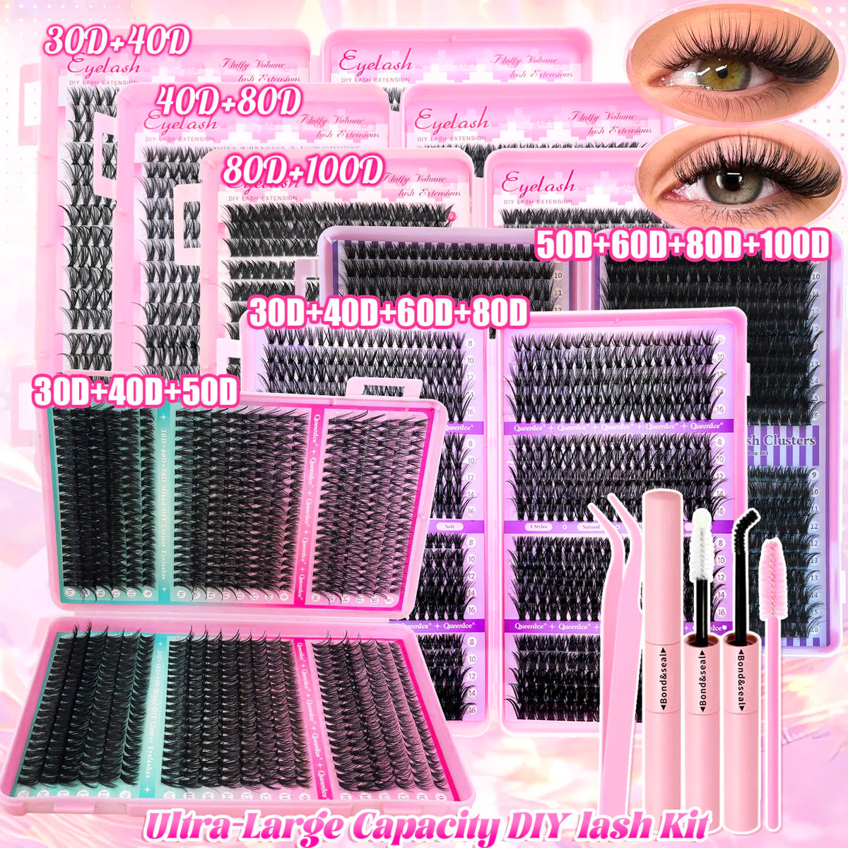 DIY Lash Extension Kit Clusters Individual Eyelashes Kit 9-16mm with Bond and Seal Wispy Natural Mange Lashes