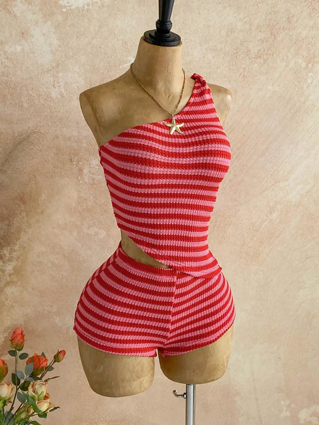 Women's Pink Striped Bohemian Two-Piece Set with One-Shoulder Tank Top & Hot Shorts, Summer Casual Outfit for Island Vacation