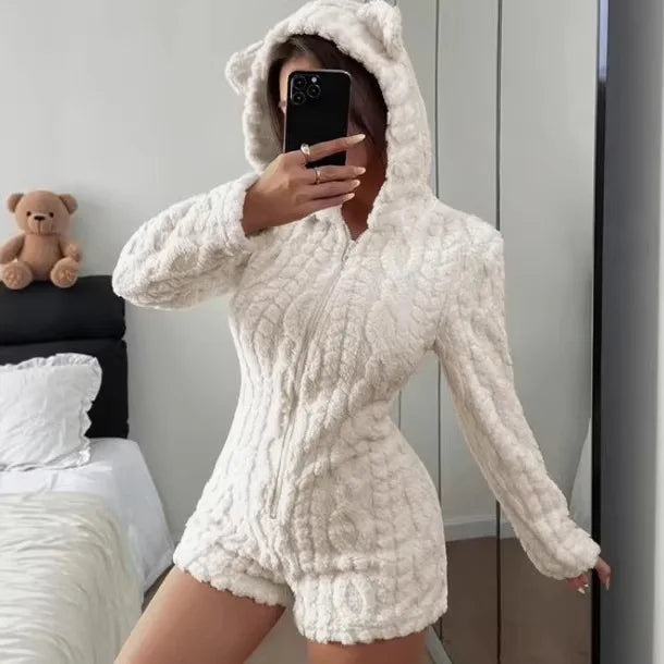 Autumn Winter Plush Hoody Women's Jumpsuit Shorts