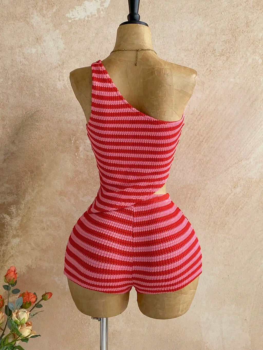 Women's Pink Striped Bohemian Two-Piece Set with One-Shoulder Tank Top & Hot Shorts, Summer Casual Outfit for Island Vacation