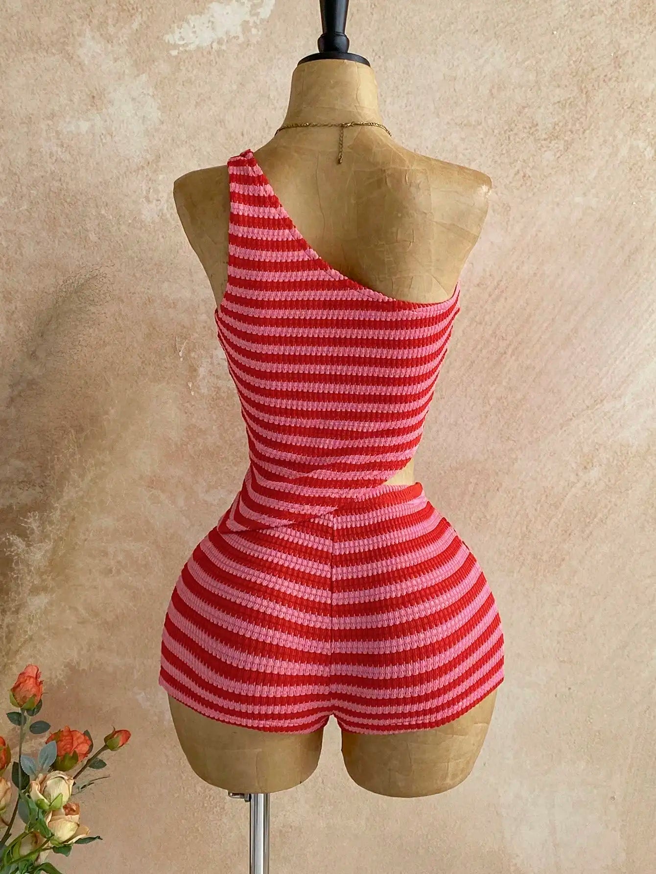 Women's Pink Striped Bohemian Two-Piece Set with One-Shoulder Tank Top & Hot Shorts, Summer Casual Outfit for Island Vacation