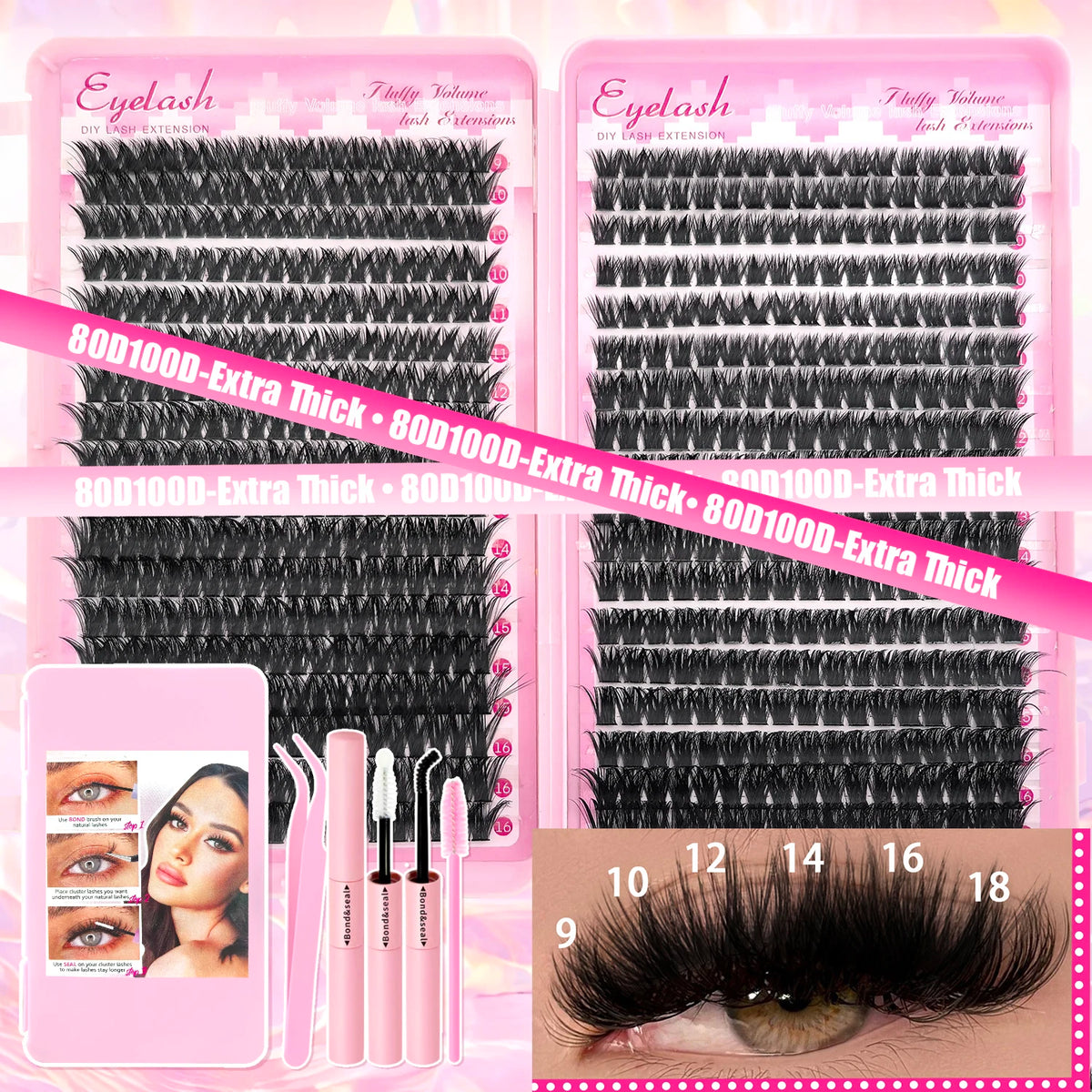 DIY Lash Extension Kit Clusters Individual Eyelashes Kit 9-16mm with Bond and Seal Wispy Natural Mange Lashes