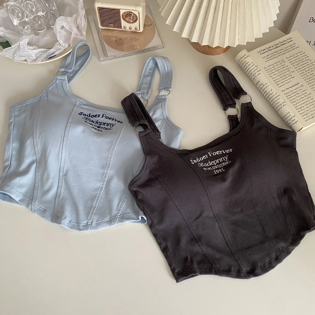 Striped bra pad sexy tank top Y2K solid color short women's T-shirt tank top exposed navel top sleeveless exposed navel top tank