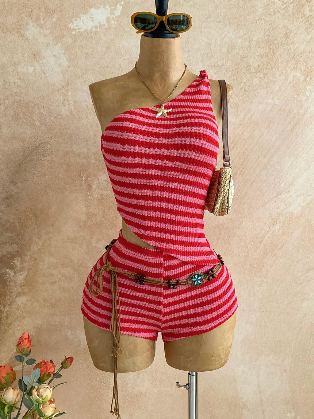 Women's Pink Striped Bohemian Two-Piece Set with One-Shoulder Tank Top & Hot Shorts, Summer Casual Outfit for Island Vacation