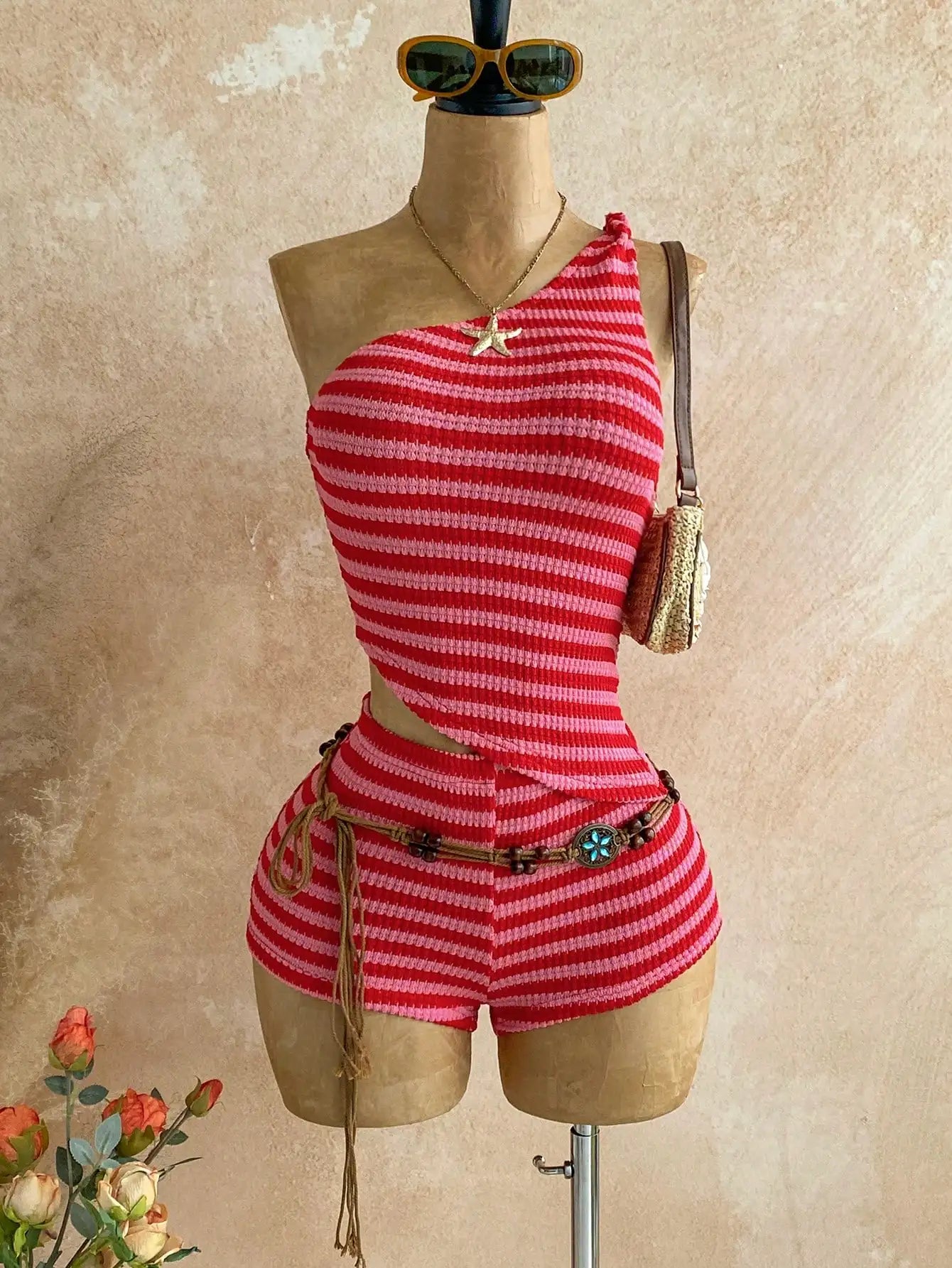 Women's Pink Striped Bohemian Two-Piece Set with One-Shoulder Tank Top & Hot Shorts, Summer Casual Outfit for Island Vacation