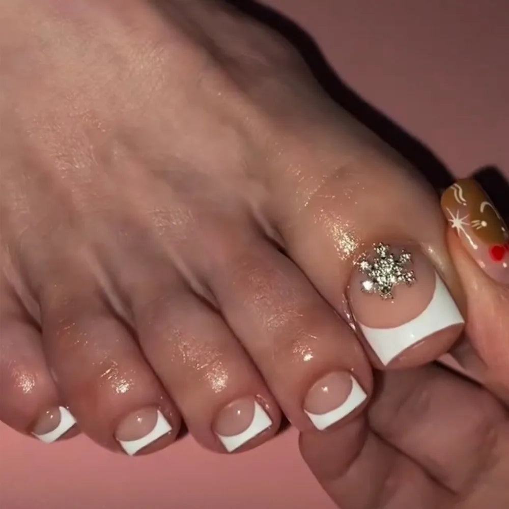 24Pcs Short Square Head French Fake Toenails with 3D Flower Design Press on False Nails Pink Simple Wearable Full Cover Nail Tip