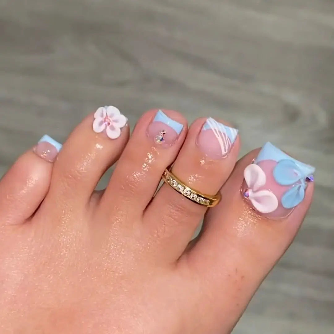 24Pcs Short Square Head French Fake Toenails with 3D Flower Design Press on False Nails Pink Simple Wearable Full Cover Nail Tip