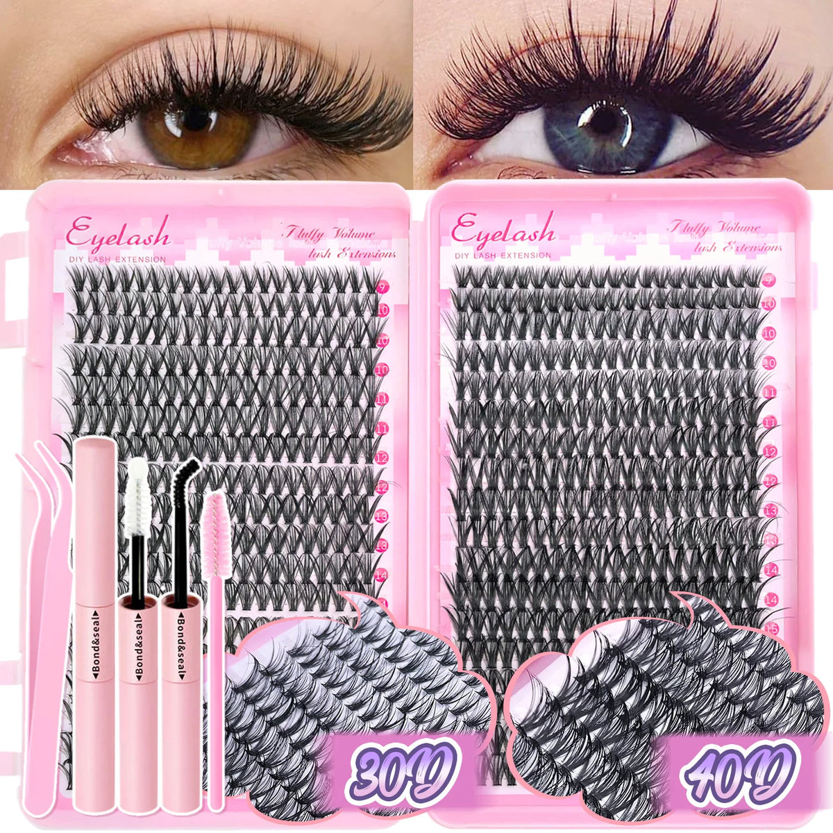 DIY Lash Extension Kit Clusters Individual Eyelashes Kit 9-16mm with Bond and Seal Wispy Natural Mange Lashes