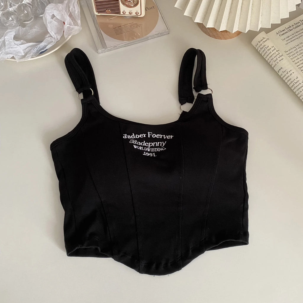 Striped bra pad sexy tank top Y2K solid color short women's T-shirt tank top exposed navel top sleeveless exposed navel top tank