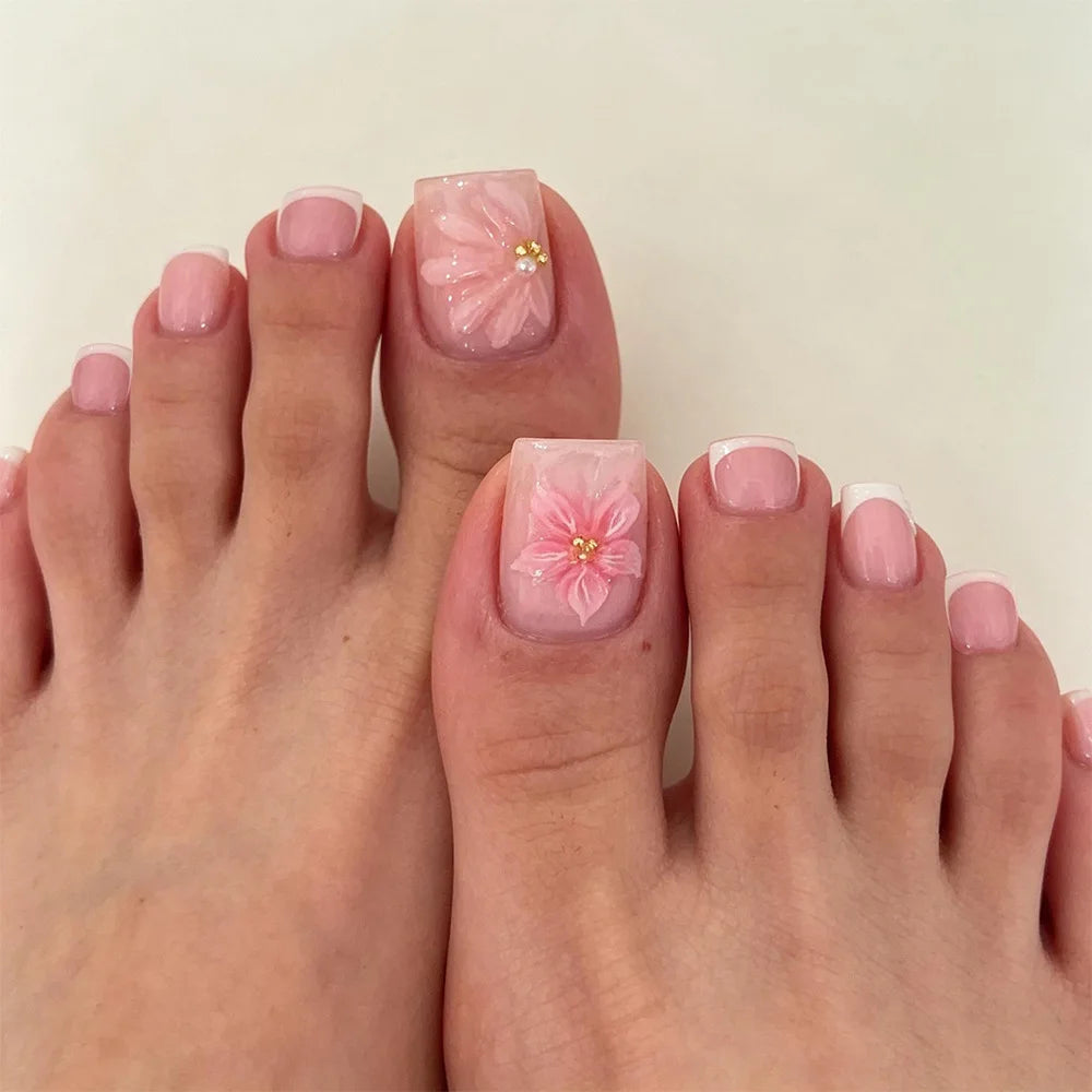 24Pcs Short Square Head French Fake Toenails with 3D Flower Design Press on False Nails Pink Simple Wearable Full Cover Nail Tip