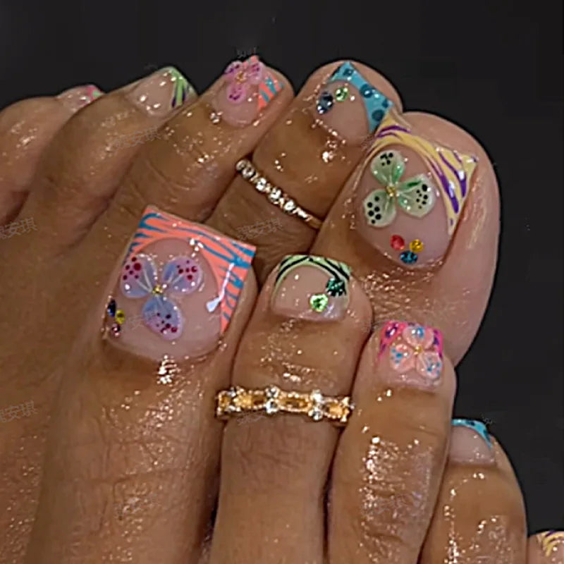 24Pcs Short Square Head French Fake Toenails with 3D Flower Design Press on False Nails Pink Simple Wearable Full Cover Nail Tip