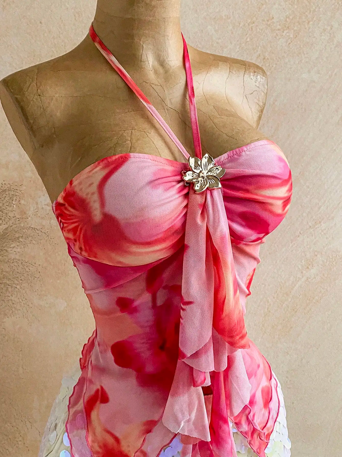 Floral Print Off-Shoulder Tie-Neck Top