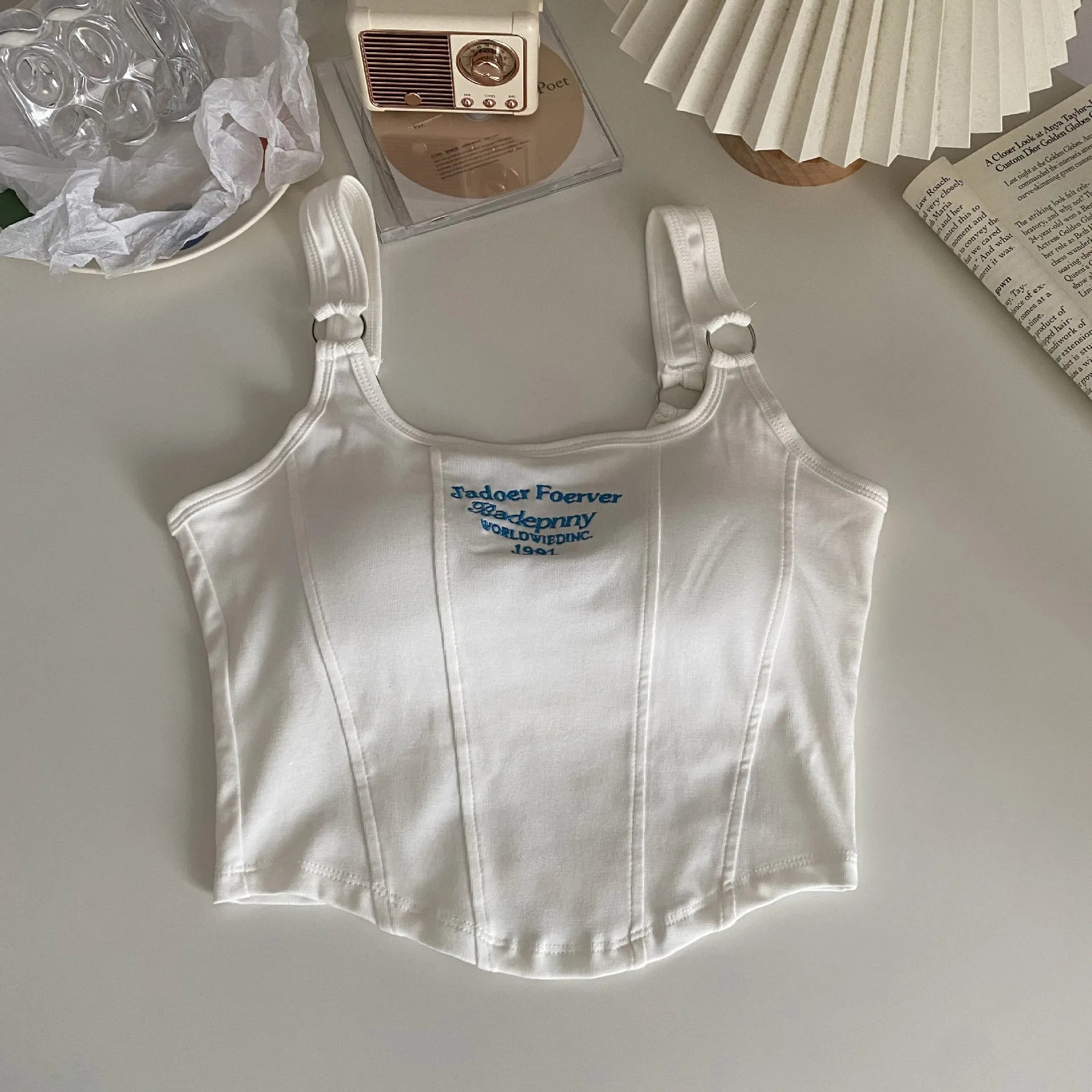 Striped bra pad sexy tank top Y2K solid color short women's T-shirt tank top exposed navel top sleeveless exposed navel top tank