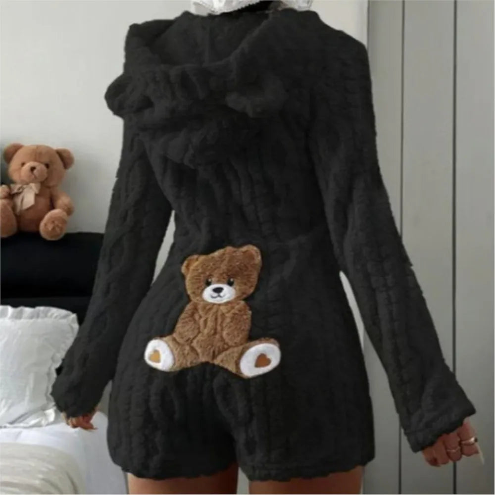 Autumn Winter Plush Hoody Women's Jumpsuit Shorts