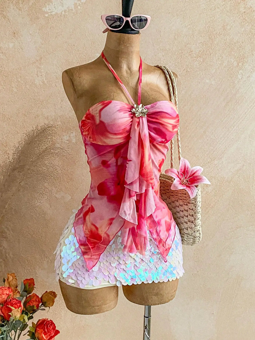 Floral Print Off-Shoulder Tie-Neck Top
