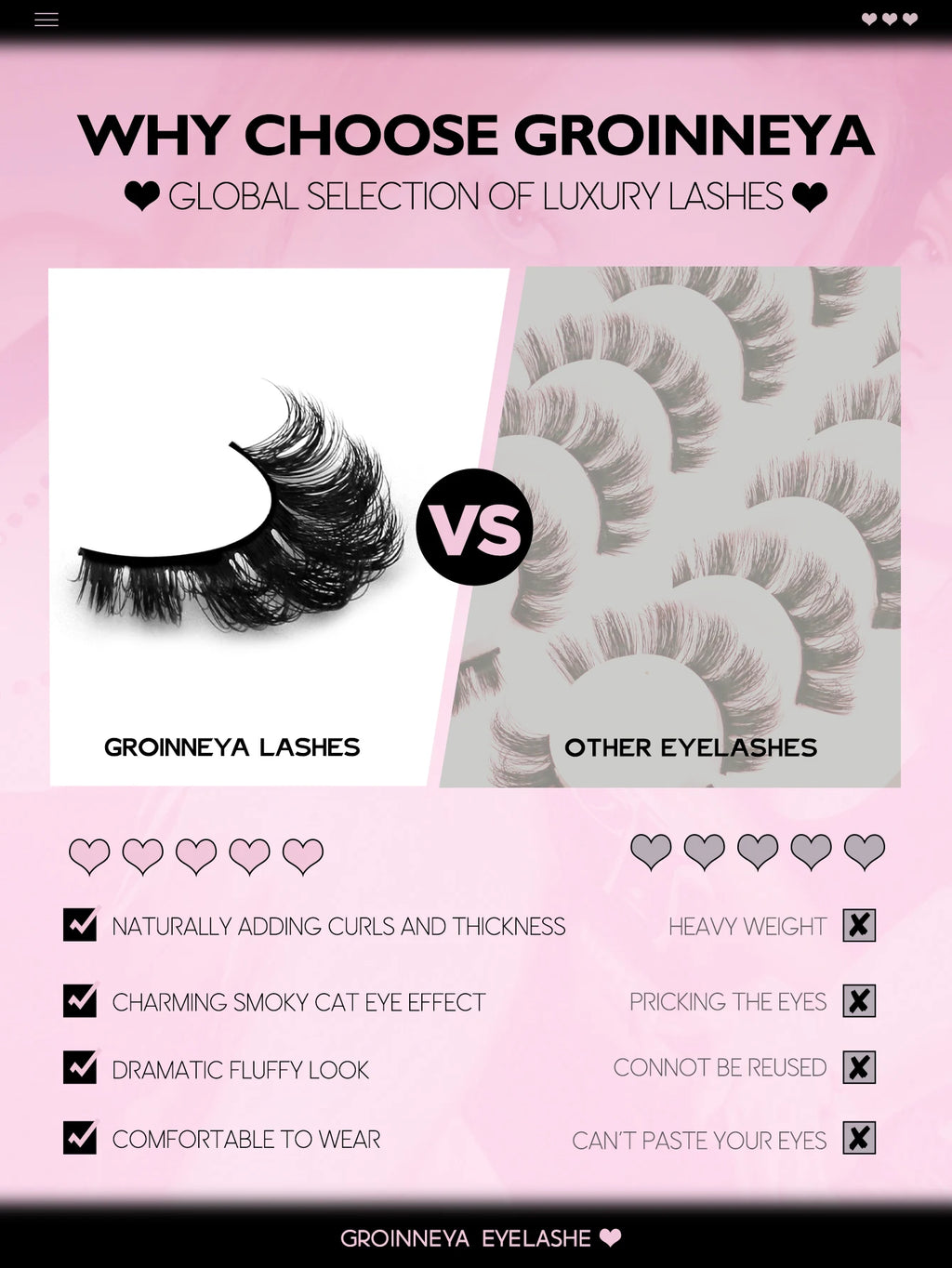 GROINNEYA False Eyelashes Cat Eye Faux Mink Lashes Wispy Lashes Dramatic Long Thick Lashes Volume Mink False Eyelashes Makeup