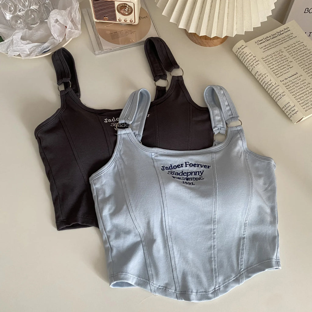 Striped bra pad sexy tank top Y2K solid color short women's T-shirt tank top exposed navel top sleeveless exposed navel top tank