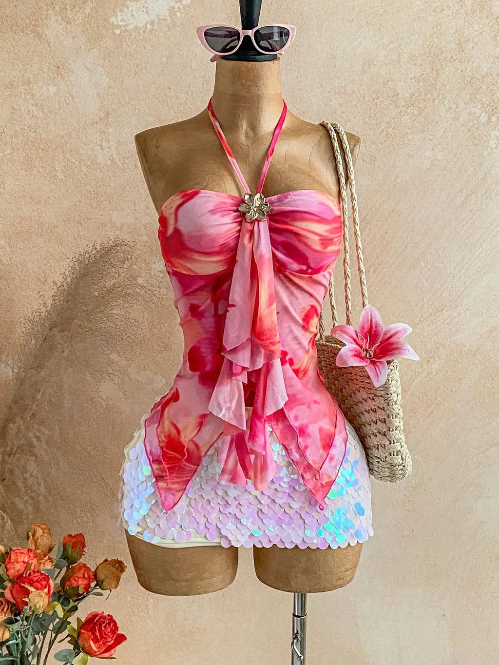 Floral Print Off-Shoulder Tie-Neck Top
