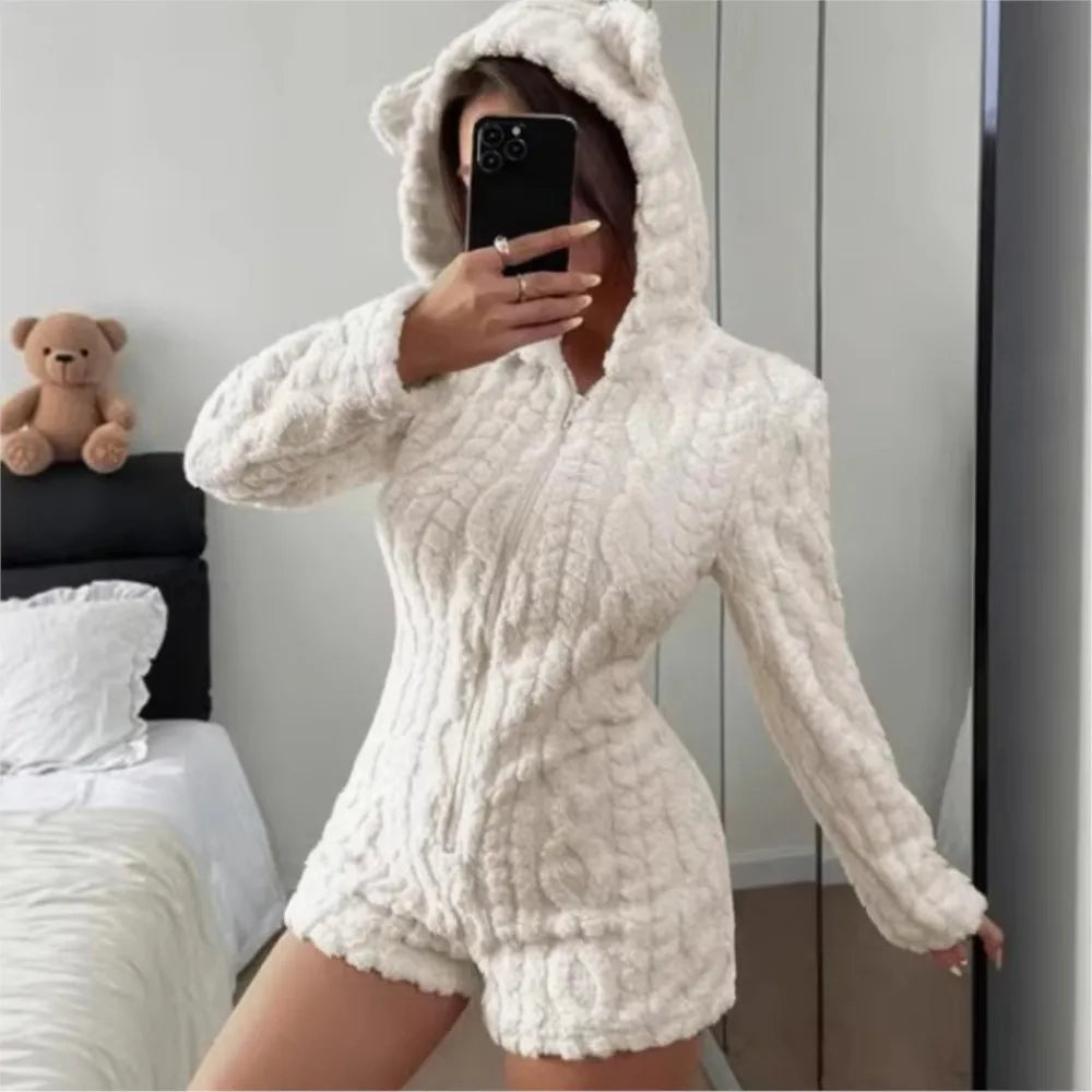 Autumn Winter Plush Hoody Women's Jumpsuit Shorts