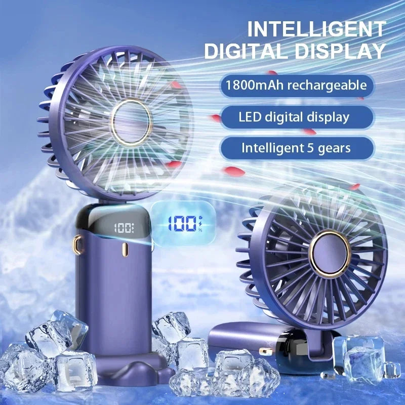 Mini Handheld Fan Foldable Neck Hanging Fan 5 Speed USB Rechargeable Portable Cool Fan with LED Digtal Display Low Noise Summer