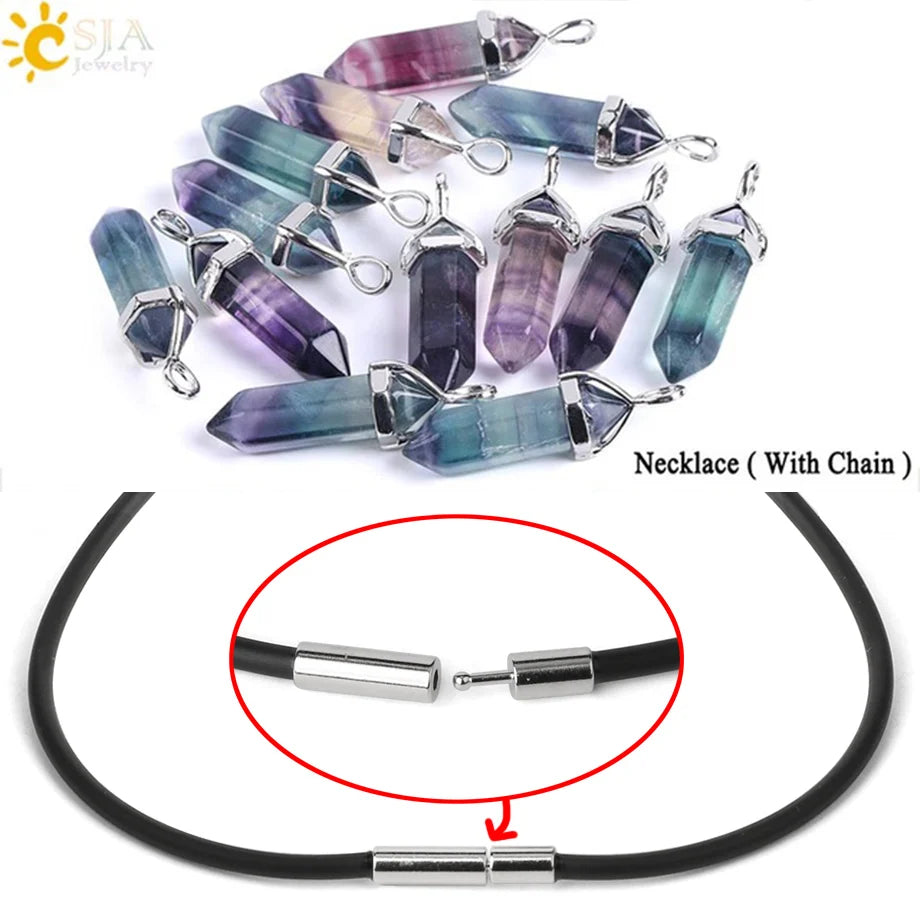 CSJA Fluorite Crystals Necklaces Pendants Suspension Quartz Natural Gem Stone Necklace for Women Hexagonal Reiki Healing G954