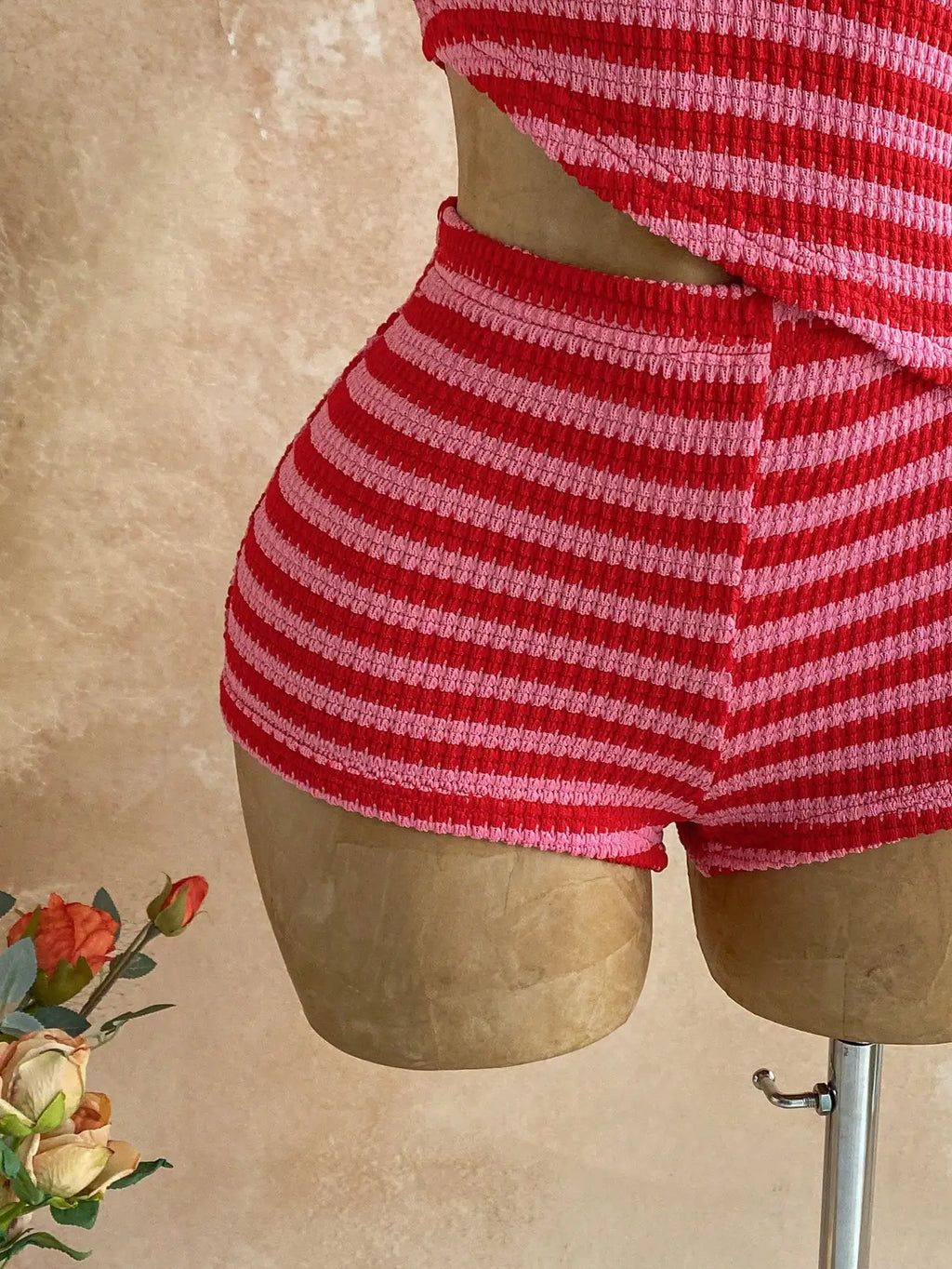 Women's Pink Striped Bohemian Two-Piece Set with One-Shoulder Tank Top & Hot Shorts, Summer Casual Outfit for Island Vacation