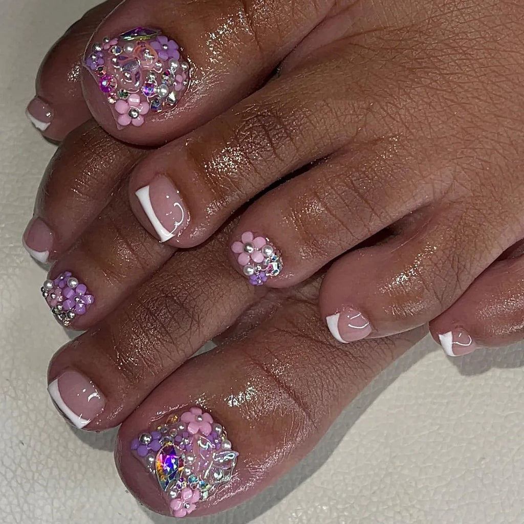 24Pcs Short Square Head French Fake Toenails with 3D Flower Design Press on False Nails Pink Simple Wearable Full Cover Nail Tip