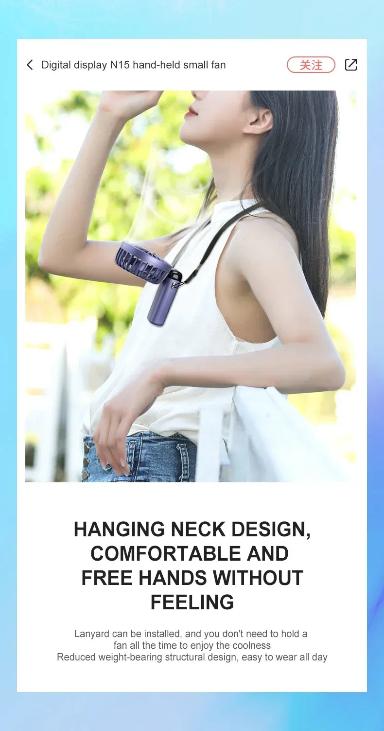 Mini Handheld Fan Foldable Neck Hanging Fan 5 Speed USB Rechargeable Portable Cool Fan with LED Digtal Display Low Noise Summer
