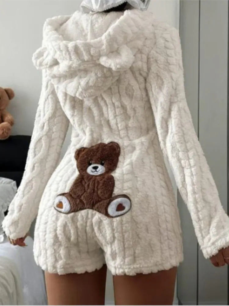 Autumn Winter Plush Hoody Women's Jumpsuit Shorts