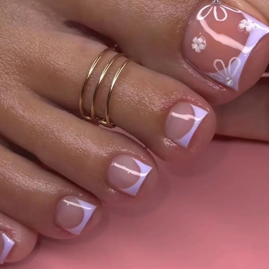 24Pcs Short Square Head French Fake Toenails with 3D Flower Design Press on False Nails Pink Simple Wearable Full Cover Nail Tip