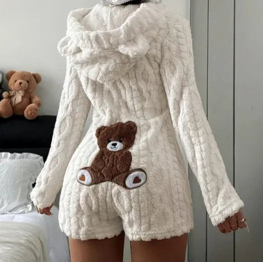Autumn Winter Plush Hoody Women's Jumpsuit Shorts