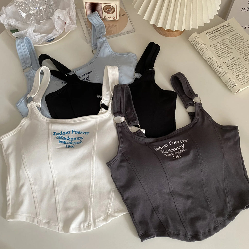 Striped bra pad sexy tank top Y2K solid color short women's T-shirt tank top exposed navel top sleeveless exposed navel top tank