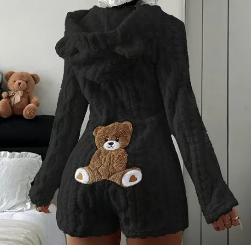 Autumn Winter Plush Hoody Women's Jumpsuit Shorts
