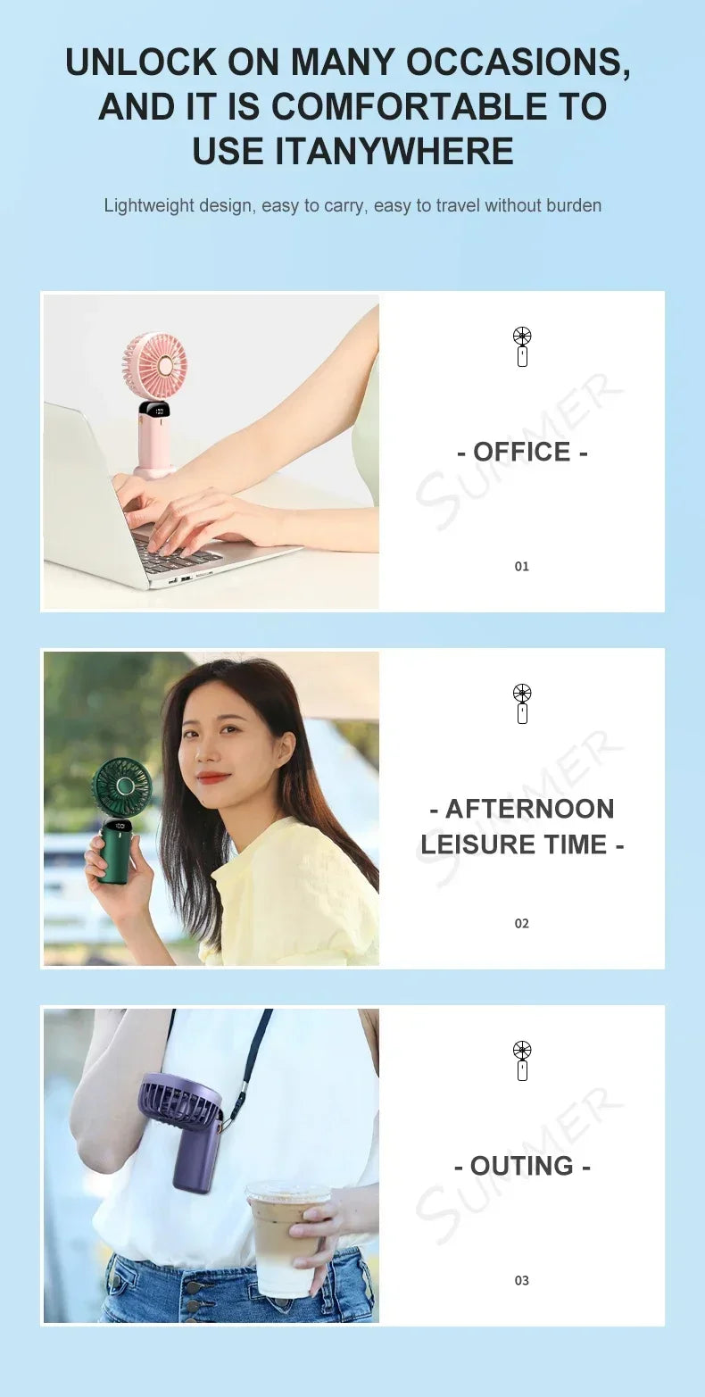 Mini Handheld Fan Foldable Neck Hanging Fan 5 Speed USB Rechargeable Portable Cool Fan with LED Digtal Display Low Noise Summer